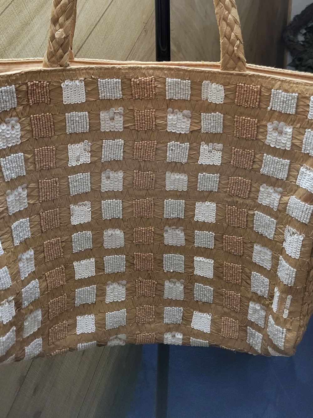 Beaded Checkerboard Woven Tote - White & Tan